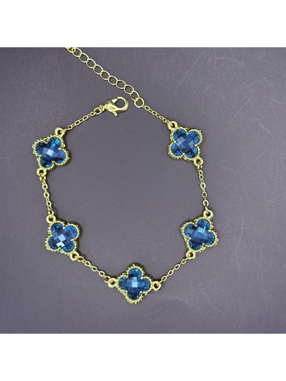 candy+clover large blue crystal gold tone station bracelet